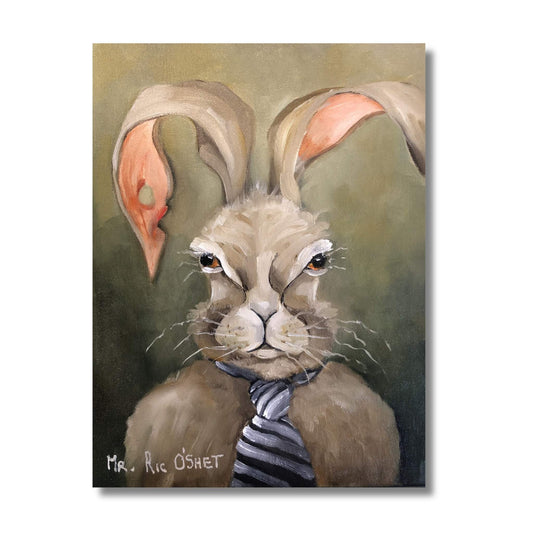 Mr. Ric O’Shet by Nola Weber, an oil portrait of a grey-brown rabbit with floppy pink-lined ears, a serious expression and a dark striped tie.
