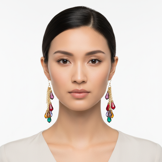 Multi-colored Swarovski earrings on model product shot