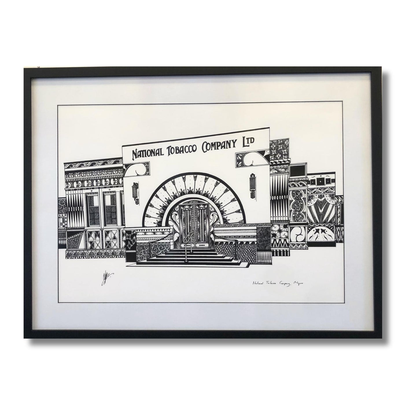 Framed ink drawing of National Tobacco Company Napier by Nathan Kaye
