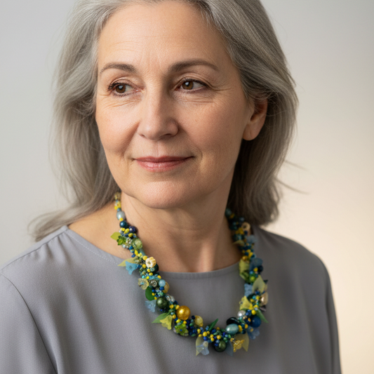 Natural jewelry photography of everyday woman wearing Judith Bradley beaded necklace #C