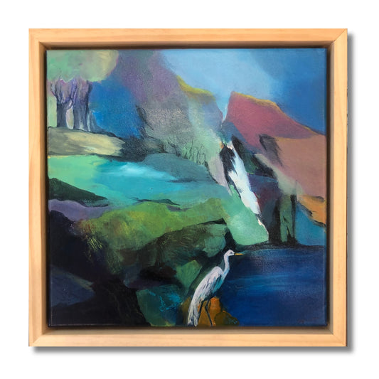 Nature's Inspired Moment I abstract painting by Bettie Huibers with blues, greens, and pinks in light timber frame
