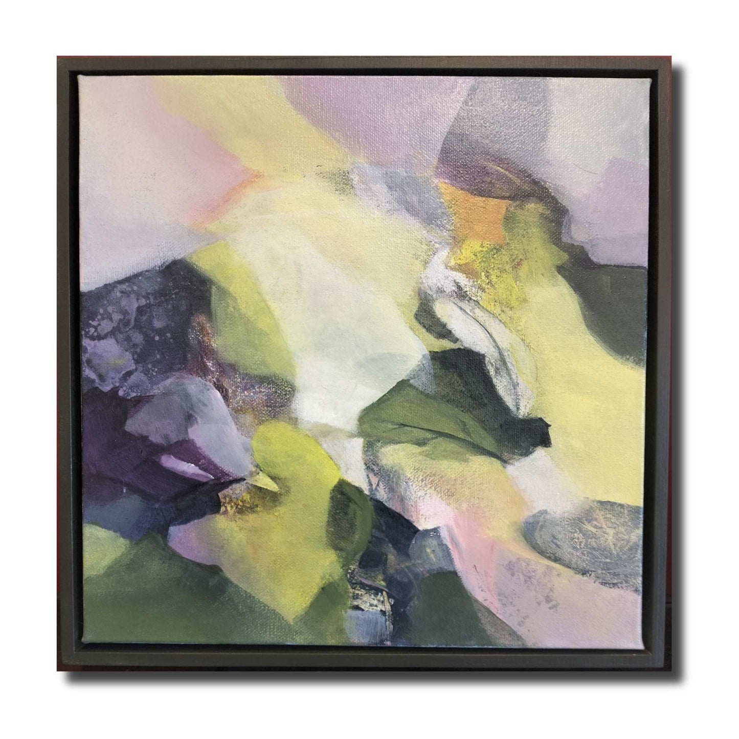 Nature's Inspired Moment II abstract painting by Bettie Huibers with soft yellows, purples, and greens in dark timber frame
