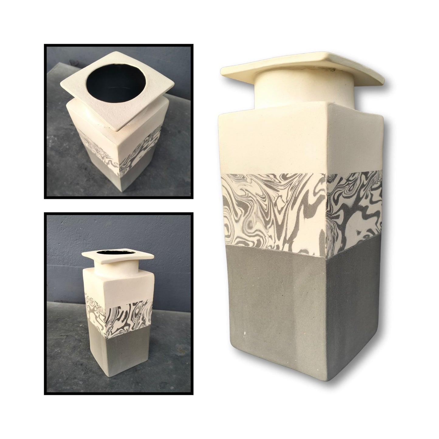Handmade stoneware vase by Greg Melville featuring grey base, white and grey nerikomi marbled band, white rim, and glossy black interior glaze.