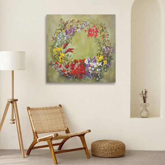 Aotearoa by Nola Weber – botanical oil painting of NZ flora displayed in home interior