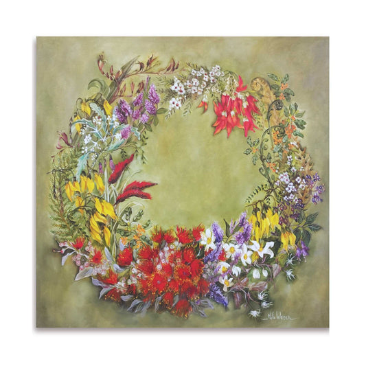 Aotearoa by Nola Weber – original oil painting with native NZ flora on green background