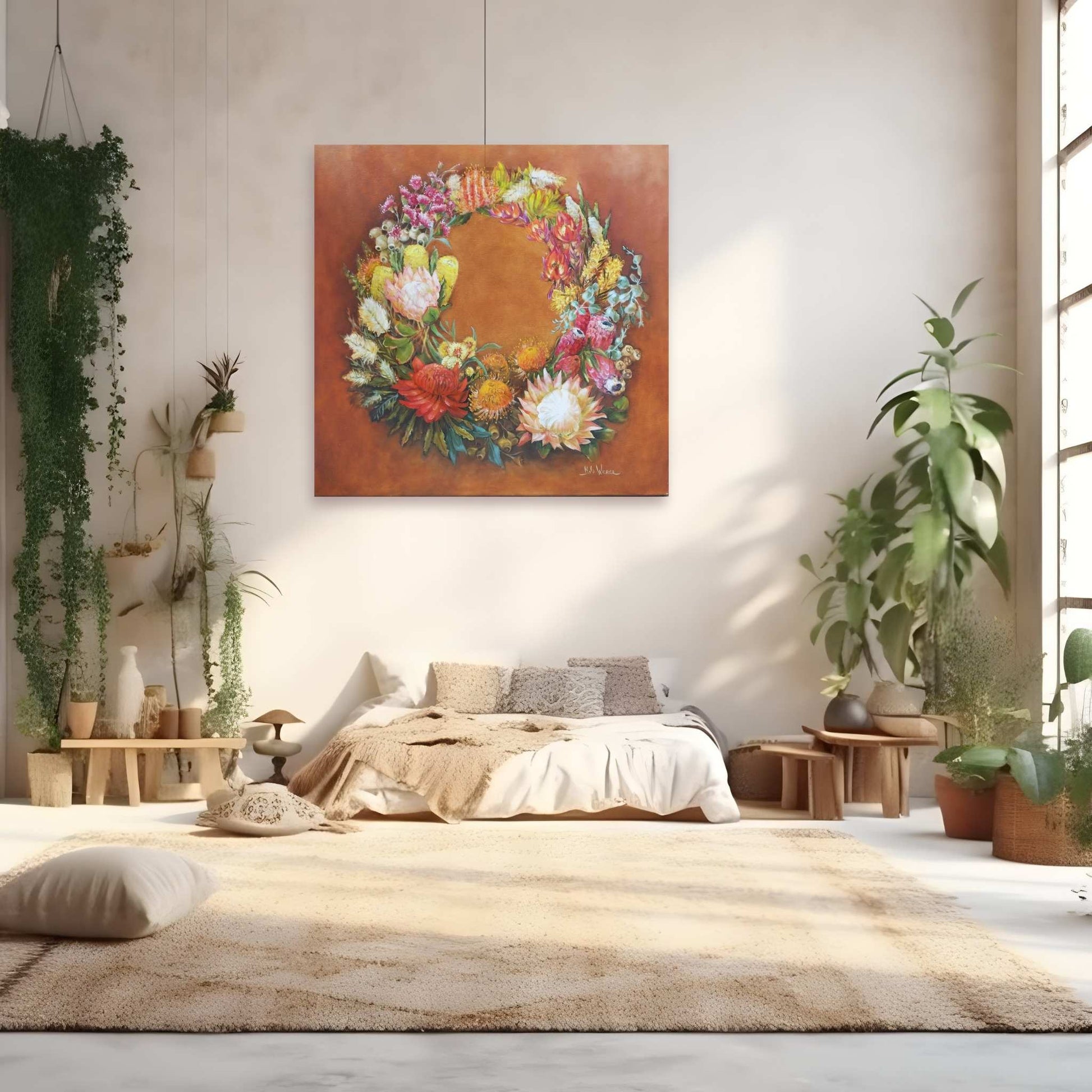 From the Dust by Nola Weber displayed in a warm, modern interior – floral oil painting with native blooms and earthy palette