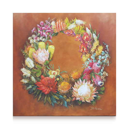 From the Dust – floral oil painting by Nola Weber with proteas and earthy tones on orange-brown background