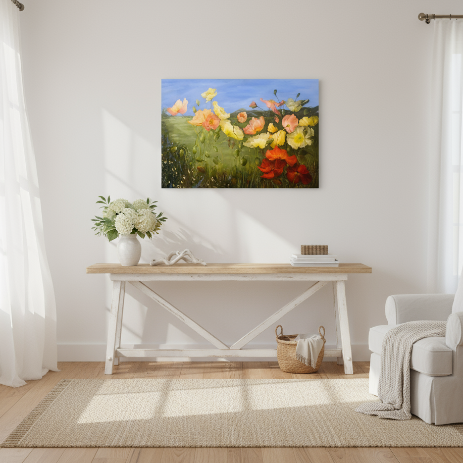Country Garden by Nola Weber displayed in a home interior — landscape floral painting bringing colour, warmth, and joy into the space.
