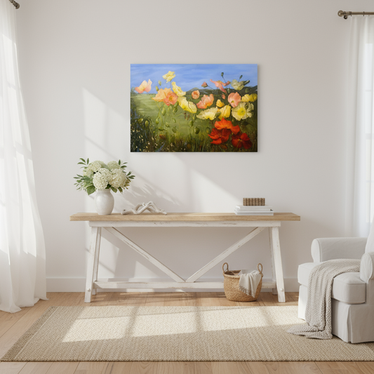 Country Garden by Nola Weber displayed in a home interior — landscape floral painting bringing colour, warmth, and joy into the space.