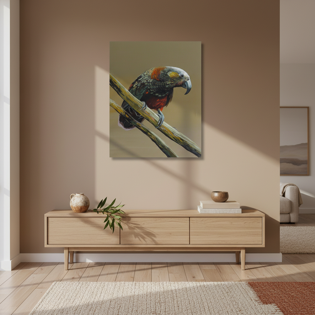 Vanessa Owens NZ Kaka acrylic painting hung in a warm contemporary New Zealand home interior, Red Peach Gallery Napier

