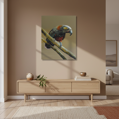 Vanessa Owens NZ Kaka acrylic painting hung in a warm contemporary New Zealand home interior, Red Peach Gallery Napier

