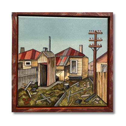 Old Backyard by John Staniford – small original New Zealand painting with rugged character on a white background