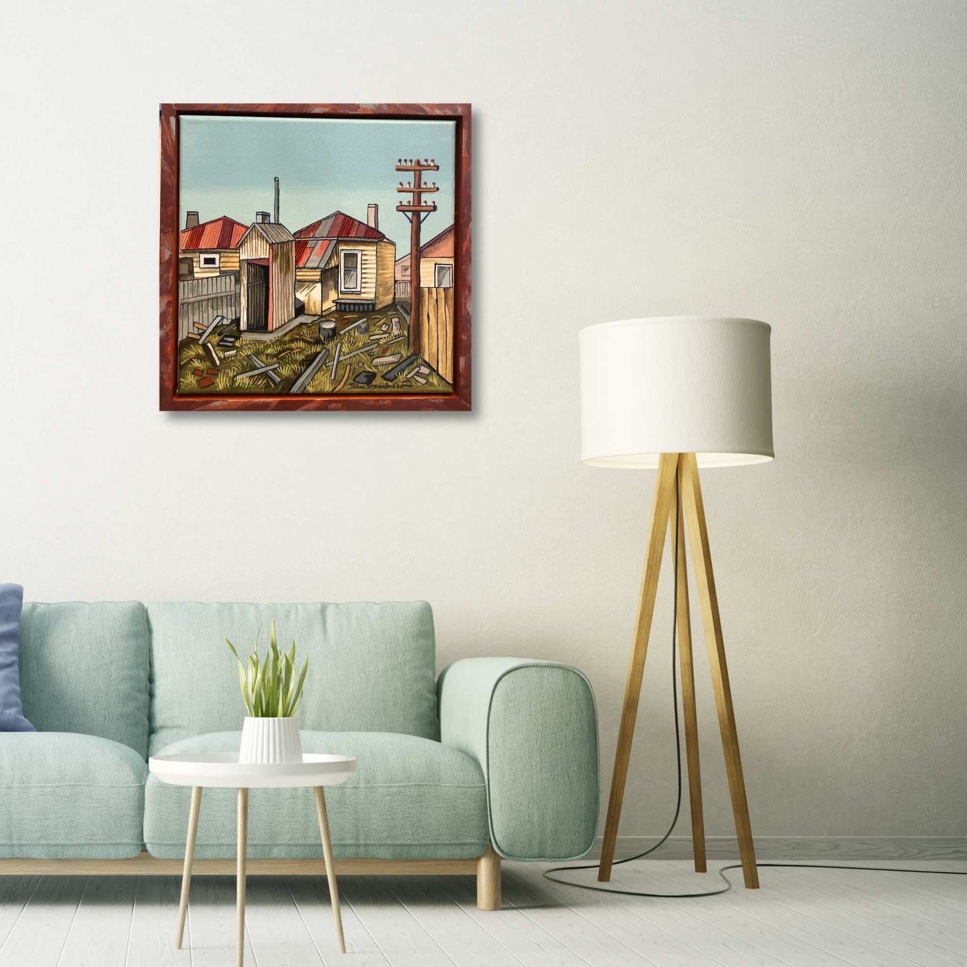 Old Backyard by John Staniford displayed in a home interior — 34x34cm painting adding textured charm and warmth to the space.