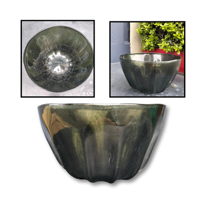 Dark olive green handblown glass bowl with subtle sparkle, crafted by NZ glass artist Heather Kremen.