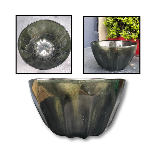 Dark olive green handblown glass bowl with subtle sparkle, crafted by NZ glass artist Heather Kremen.