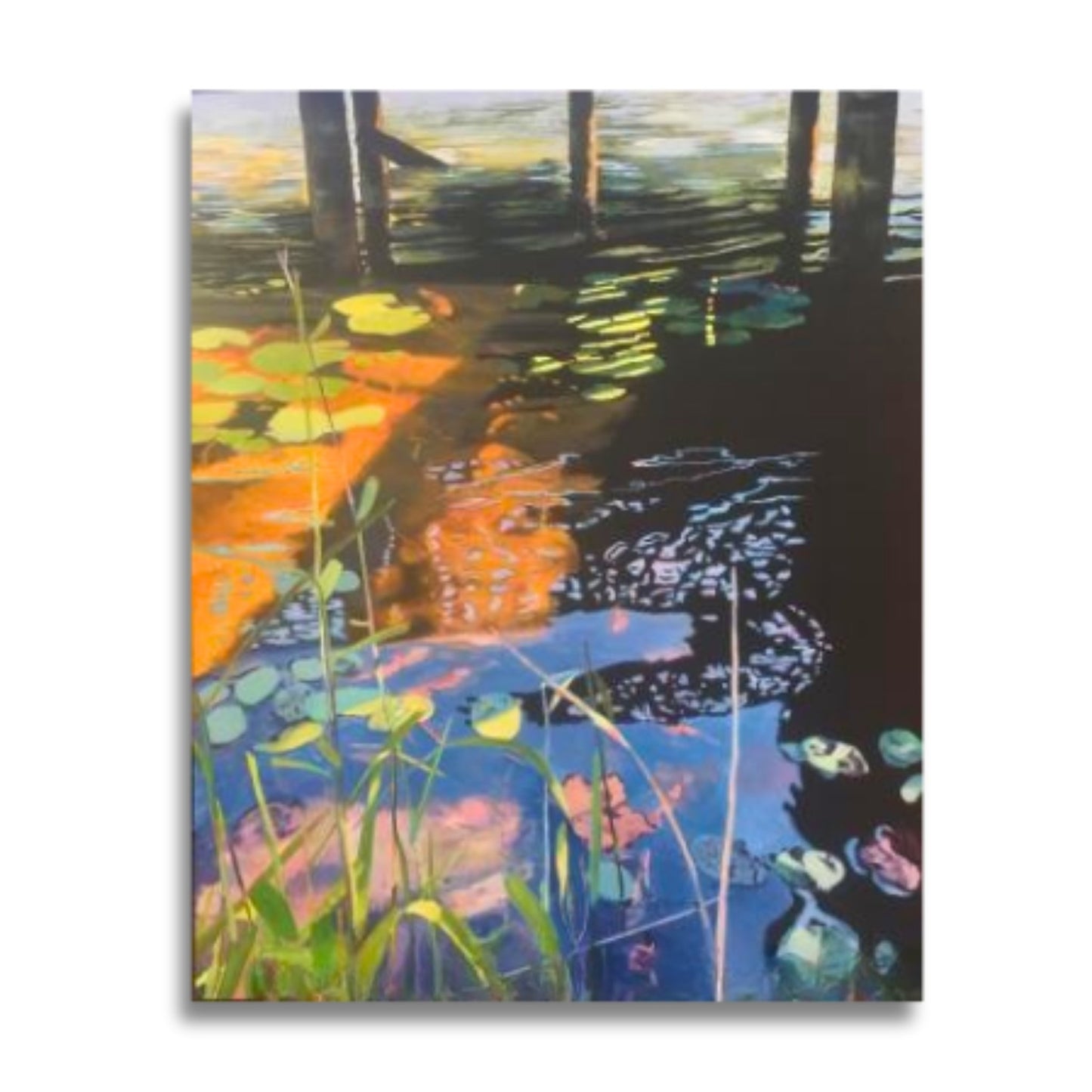 Painting of still water with jetty posts, dappled sunlight on the left, and shadows on the right, with lily leaves floating across the surface.