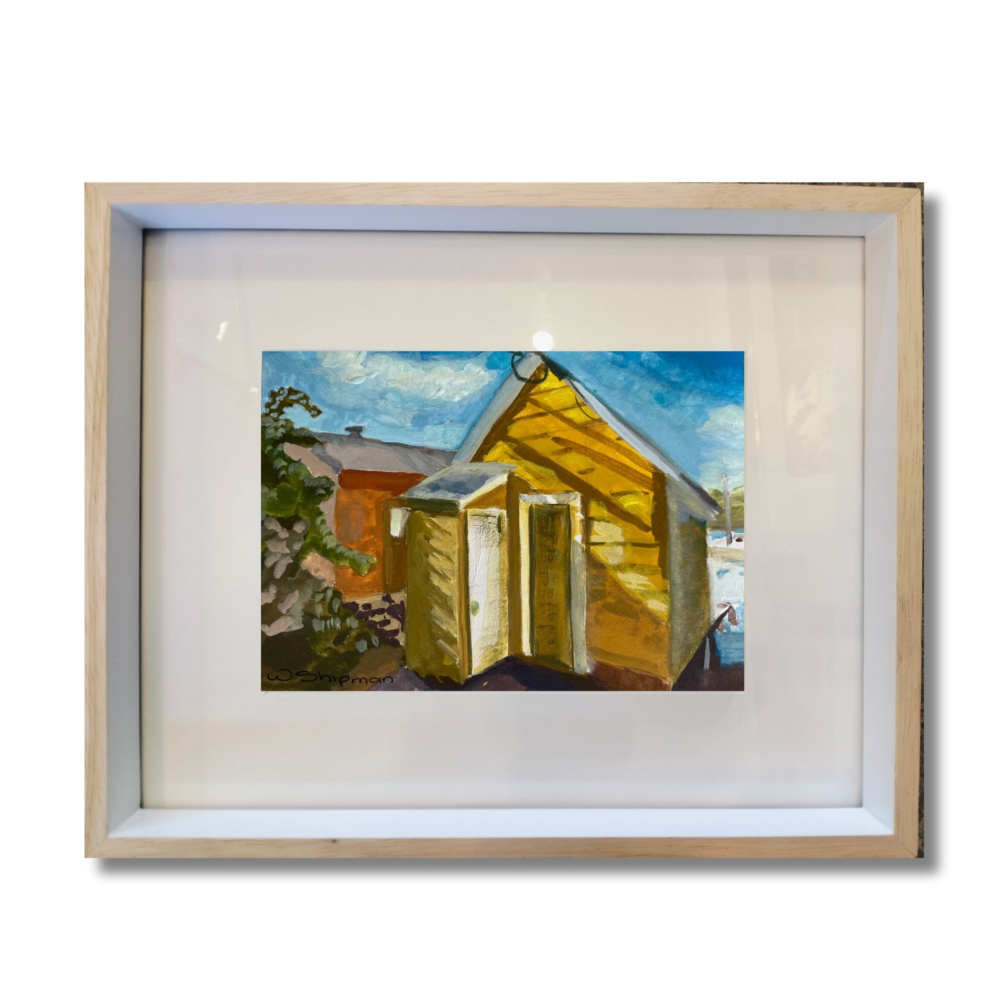 Wendy Shipman's On the Inlet gouache painting framed in a natural timber frame on a white background
