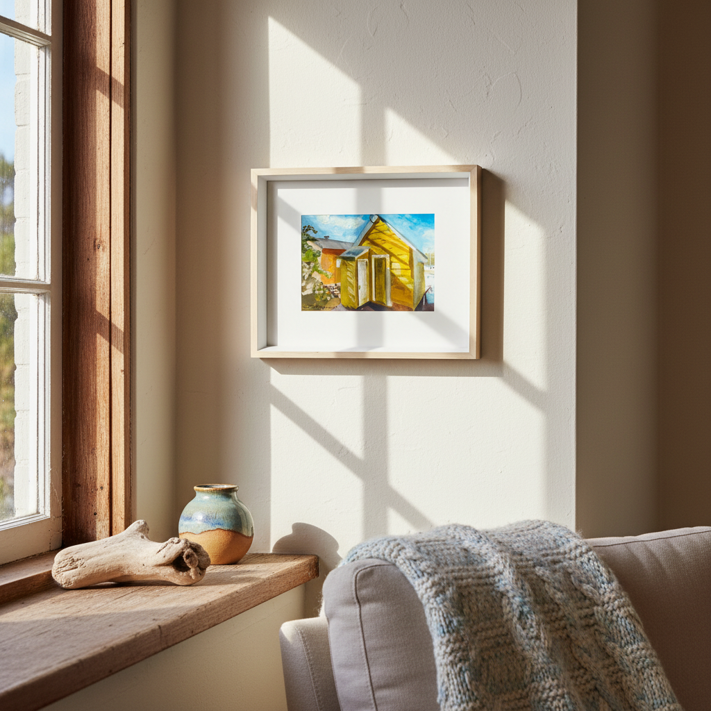 Wendy Shipman's On the Inlet gouache painting in a natural timber frame hanging in a warm coastal New Zealand home interior
