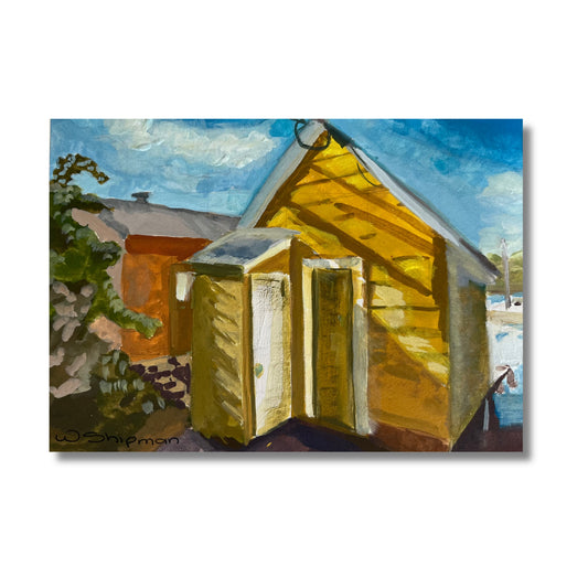 Gouache painting of a golden sunlit boatshed on a harbour inlet, bright blue sky, by New Zealand artist Wendy Shipman
