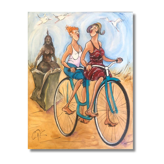 Whimsical painting of two friends riding tandem bicycle on Napier Marine Parade with Pania statue and seagulls