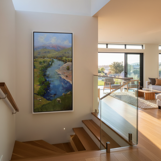 One Fine Day by the River oil painting by artist Nicholas Hayter at top of stairs in a lifestyle mockup