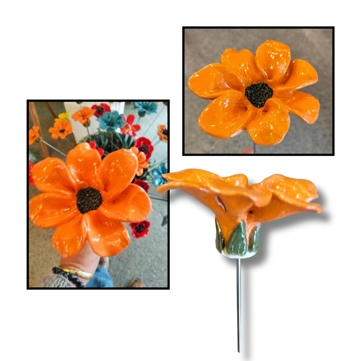 An orange ceramic outdoor flower  with a glossy finish, shown in a main product view and two inset detail/lifestyle views. The flower is inserted into a ground setting, and one inset shows a hand holding the flower.