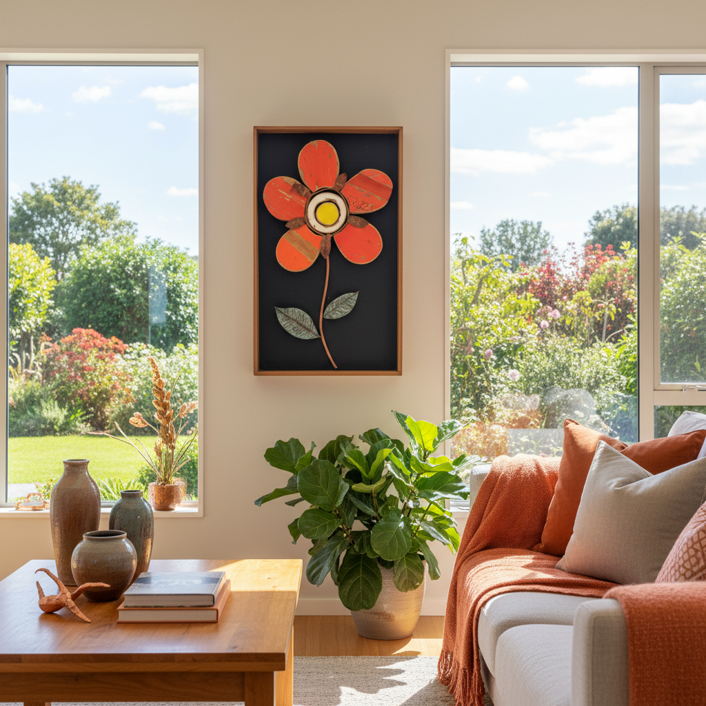 Orange Flower by Lee Pritchard displayed in a contemporary NZ home interior, reclaimed wood and copper wall art
