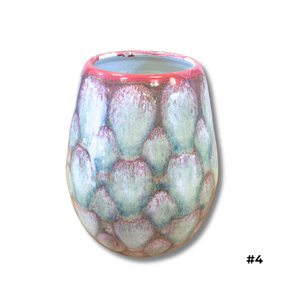 Handmade ceramic vase with aqua and coral organic dripping glazes and pink rim by Karene Fairey
