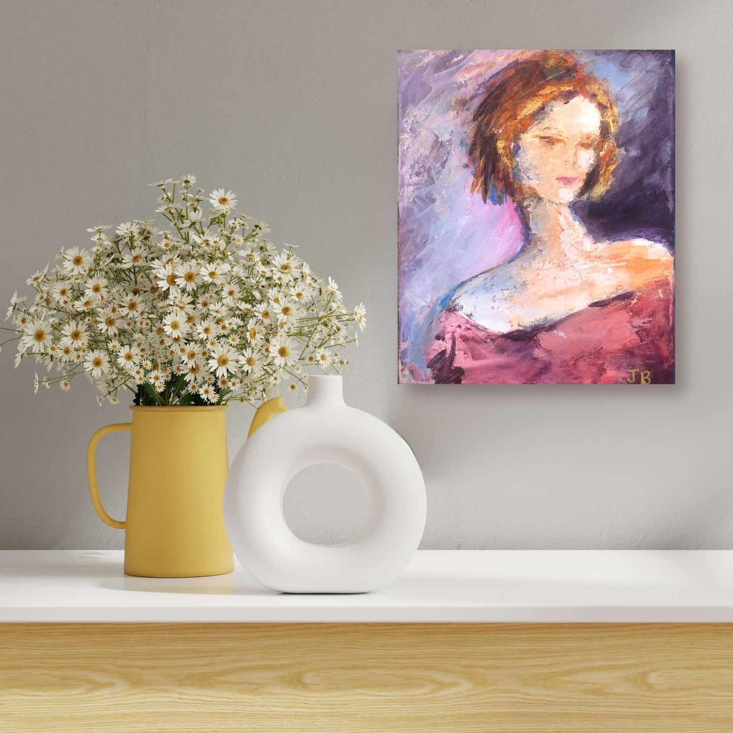 Small Portrait by Jenny Bishop displayed in a home interior — intimate 20x25cm oil painting adding warmth and quiet character.