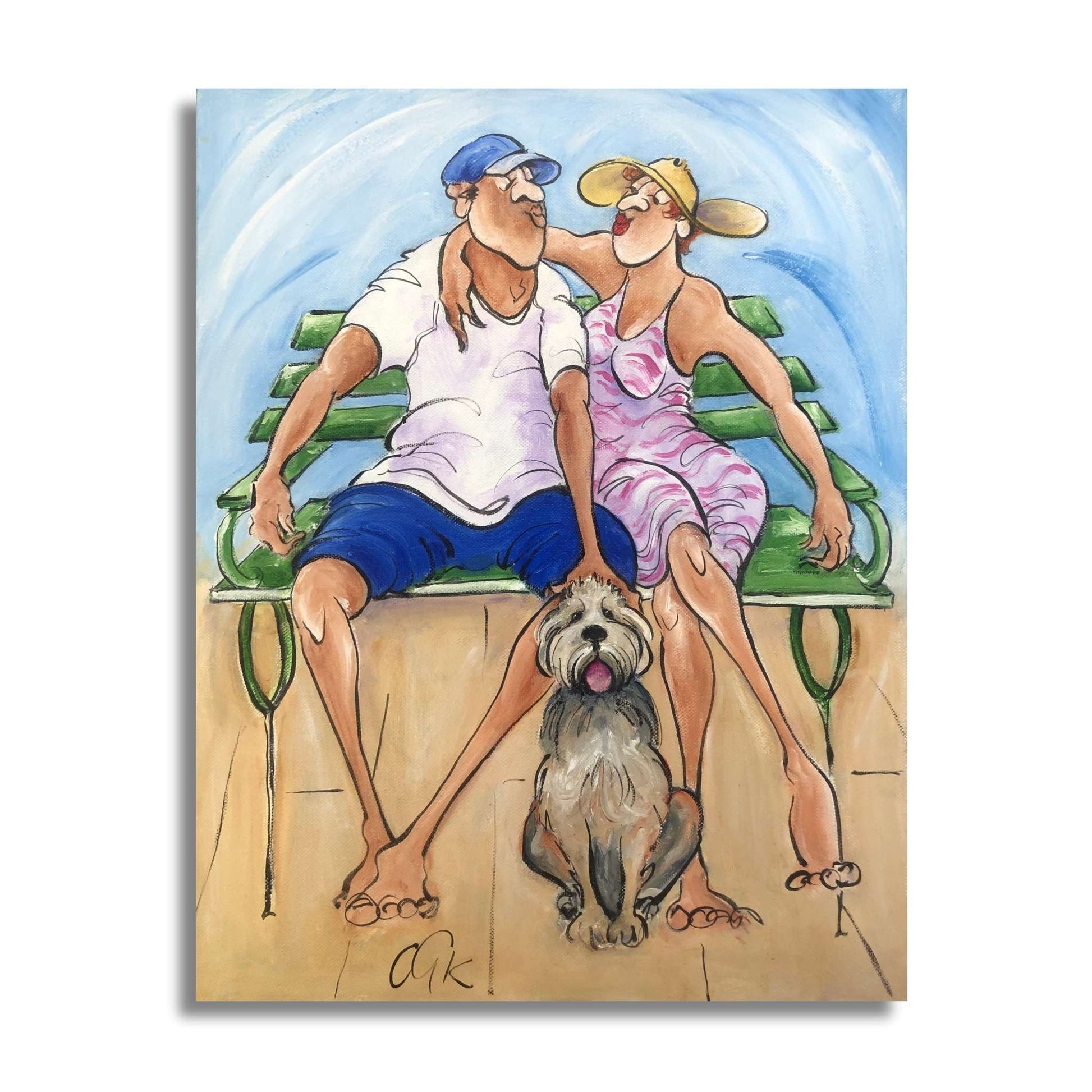 Heartwarming painting of a couple with their dog on a park bench by Chloe King. Perfect for pet lovers and romantics. Acrylic on canvas, 35 x 45cm.