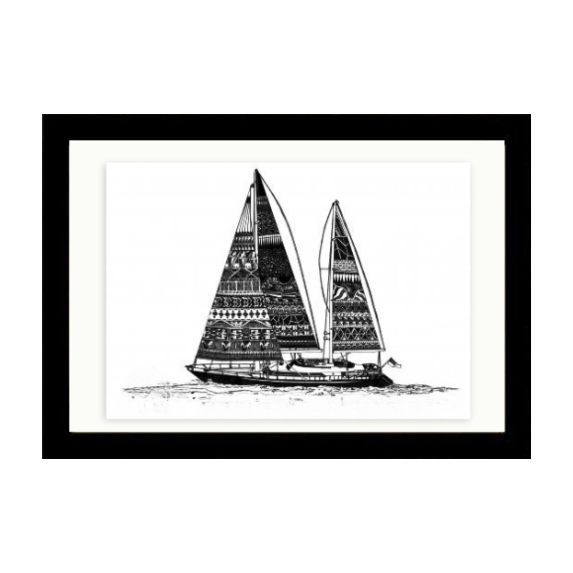 Framed artwork of a black sailboat on a white background