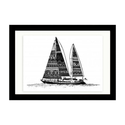 Framed artwork of a black sailboat on a white background