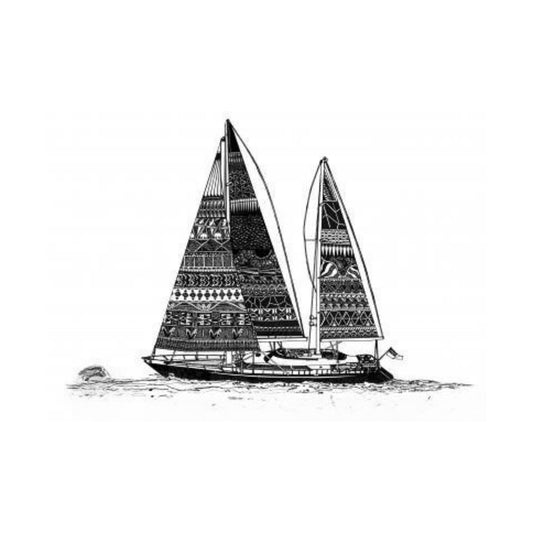 Ink drawing of yacht Parcifal III by Nathan Kaye, fine pen artwork on paper, landscape orientation, detailed and precise lines.