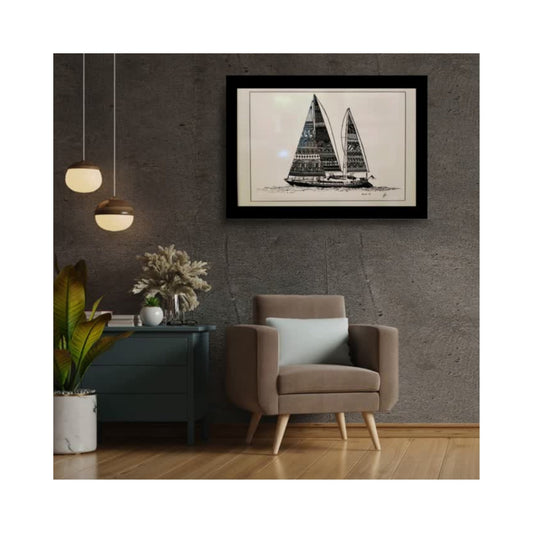 Framed Ink drawing of yacht Parcifal III by Nathan Kaye, fine pen artwork on paper, in a lifestyle mock up lounge