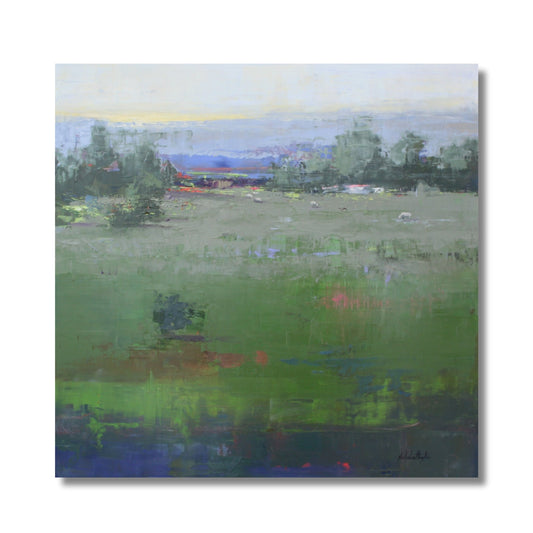 Painting of a landscape with green fields and trees