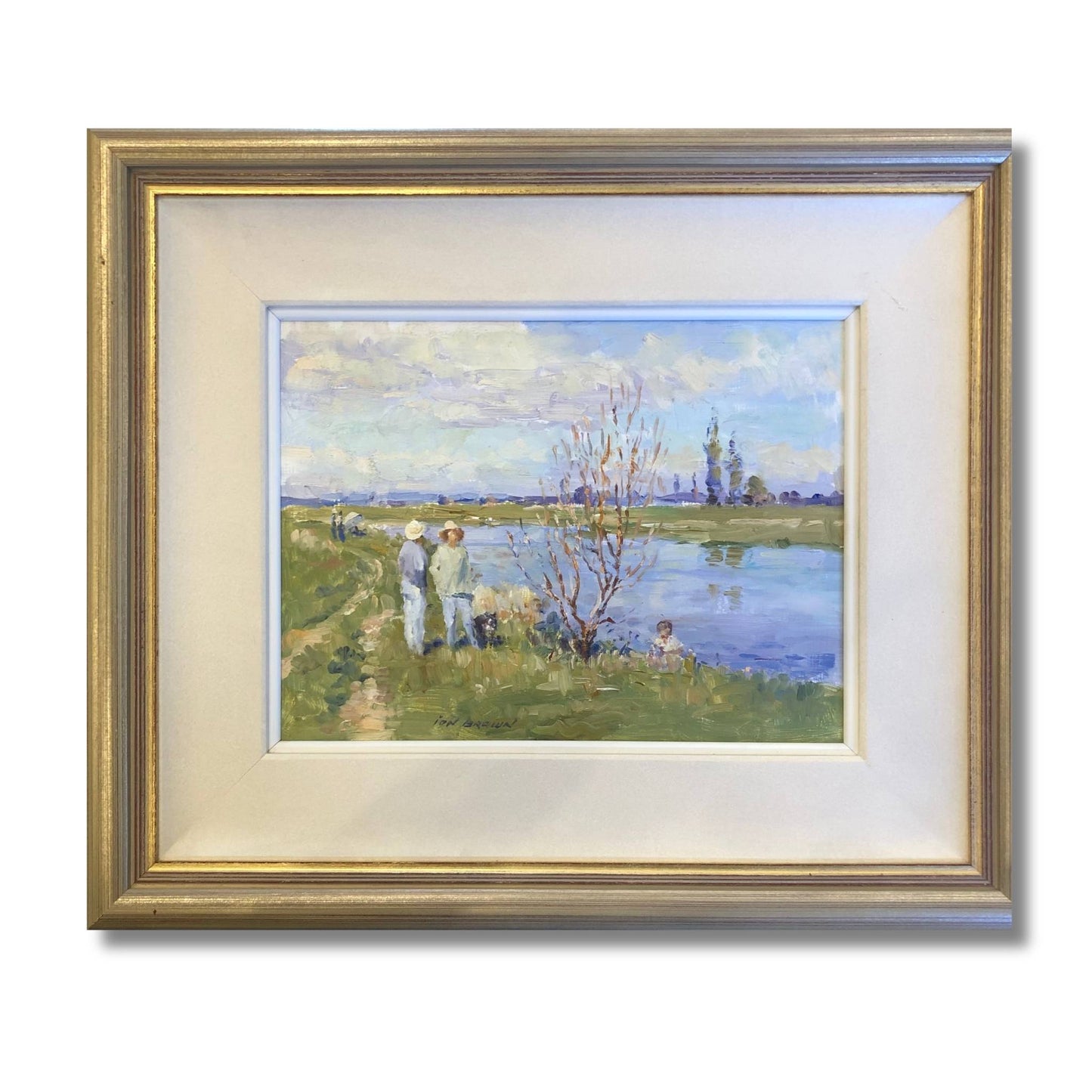 Framed original oil on board of two figures walking along a riverbank on a summer day by Ion Brown, framed 57 x 50cm, titled Peace and Quiet Riverside Walk
