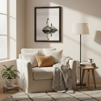Penguin and Baby by Maron Aitken displayed in a home interior — 33x43cm portrait painting adding tender warmth and calm to the space.