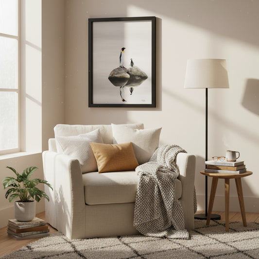 Penguin and Baby by Maron Aitken displayed in a home interior — 33x43cm portrait painting adding tender warmth and calm to the space.