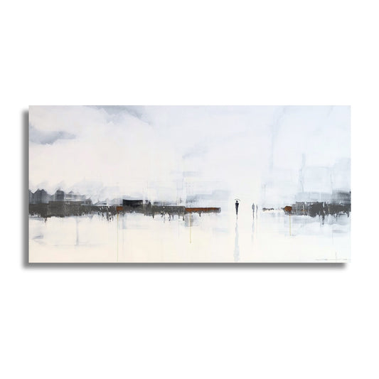 Abstract art piece with a blurred landscape of trees and water on a white background