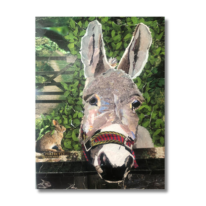 Original ripped paper collage portrait of a donkey with a bejewelled rabbit on canvas by Janice Corbishley, 40 x 55cm, titled Perfectly Matched
