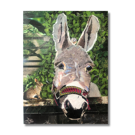 Original ripped paper collage portrait of a donkey with a bejewelled rabbit on canvas by Janice Corbishley, 40 x 55cm, titled Perfectly Matched
