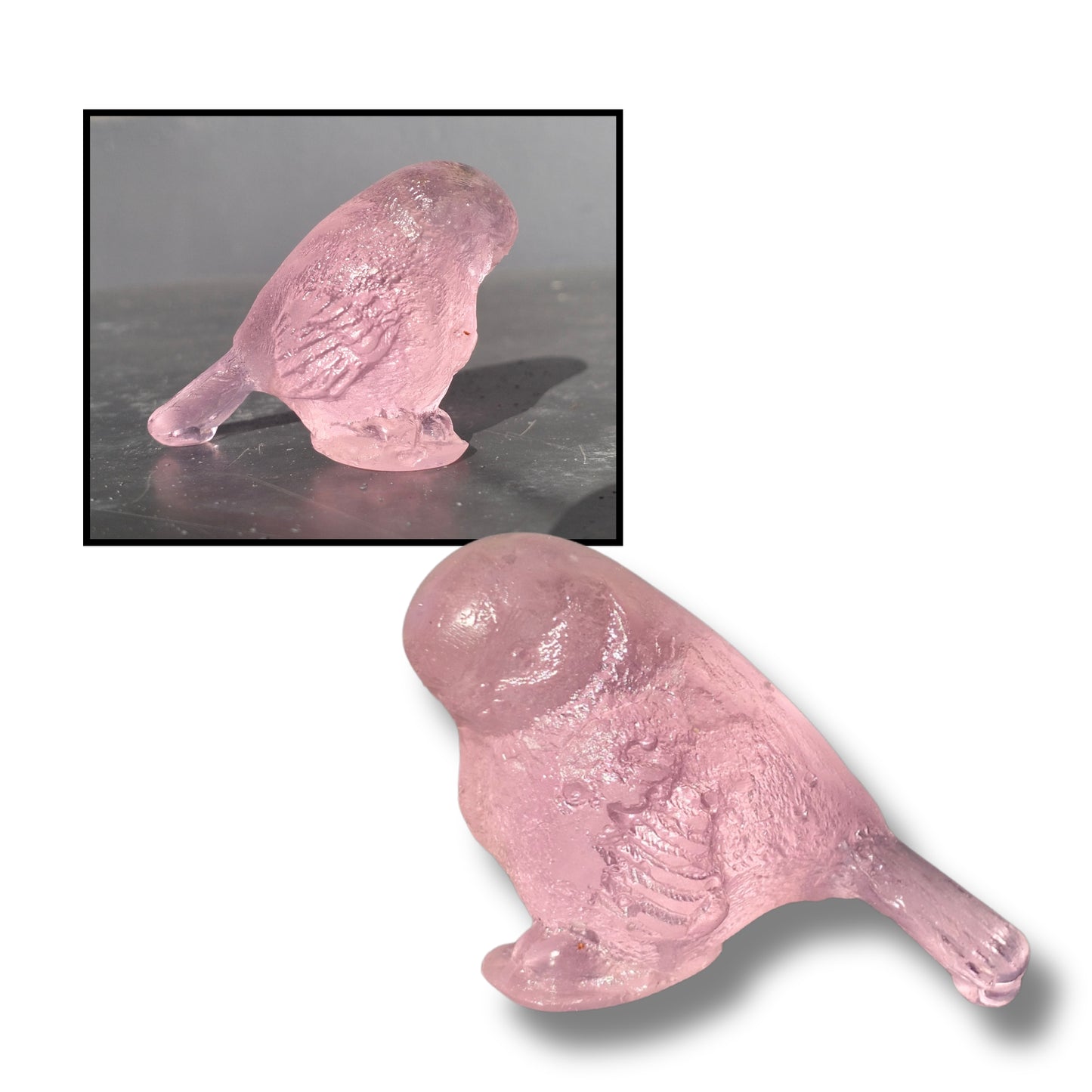 Small cast glass bird sculpture in soft pink with tail down by Lou Mathieson, 5x4x4cm, on white background
