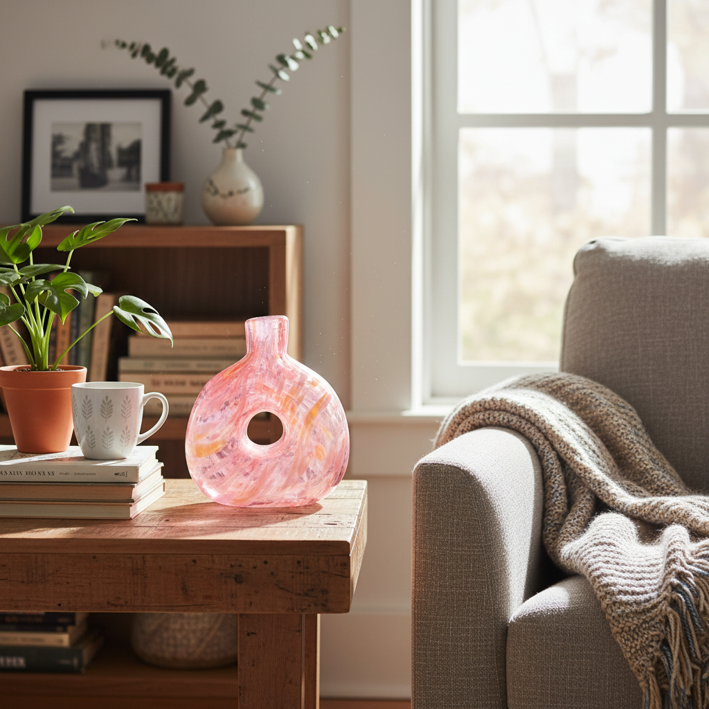Pink donut glass vase in natural home setting