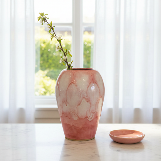 Handmade ceramic vase in pink and lavender glaze by Karene Fairey on breakfast bar in the home
