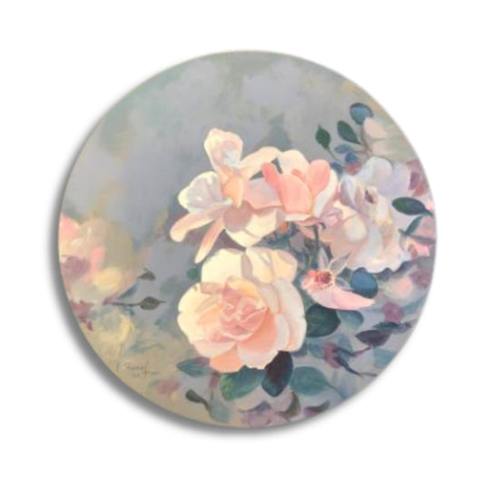 Soft round painting of pink roses on a gentle grey-blue background, evoking a serene garden and quiet moments among flowers.