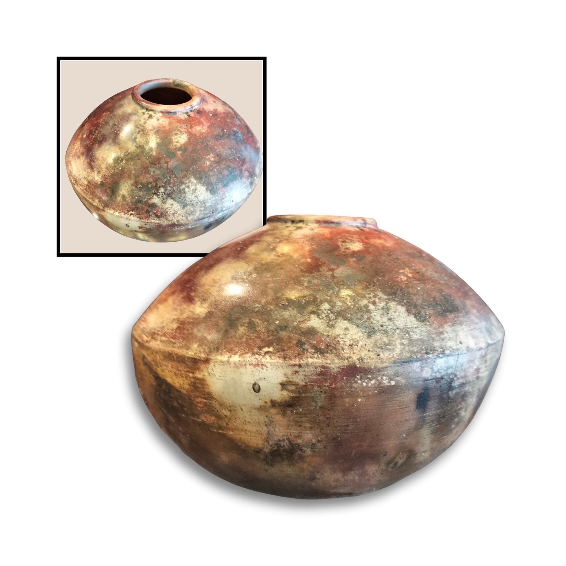 Handcrafted pit fired ceramic pot by Chloe Foster, wide rounded shape with marbled natural tones, 18x18x12 cm decorative vessel
