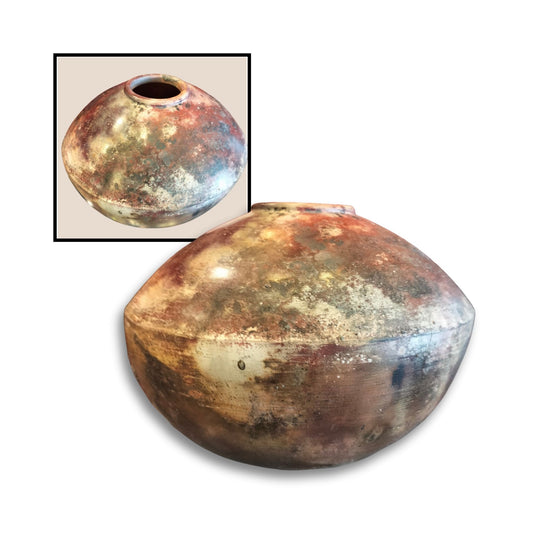 Handcrafted pit fired ceramic pot by Chloe Foster, wide rounded shape with marbled natural tones, 18x18x12 cm decorative vessel