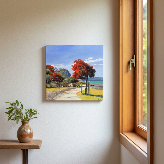 Bari Duncan's vibrant Napier coastal scene — pōhutukawa in full bloom, an open gate, and Hawke's Bay shimmering beyond. Original oil on canvas, 25 × 25cm. Red Peach Gallery.
