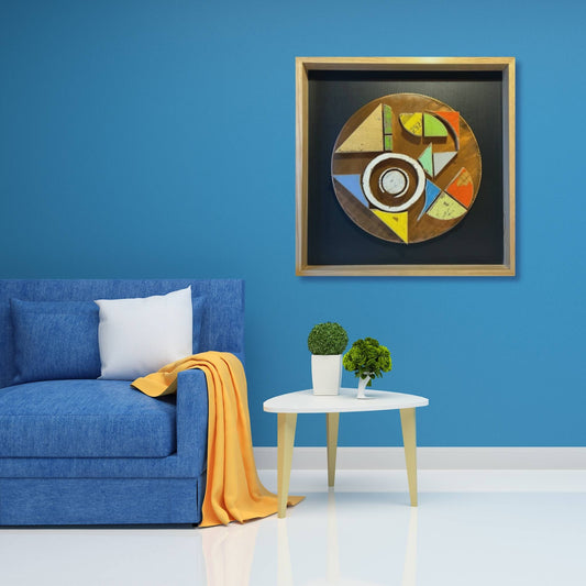 Pop by Lee Pritchard shown in a contemporary interior, featuring vibrant reclaimed beehive wood shapes on a copper circle.