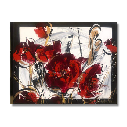 Large bold abstract acrylic painting of red poppies with sweeping black linework and gold and bronze accents on white canvas by New Zealand artist Marie Kjestrup Evans, 100 × 80cm.
